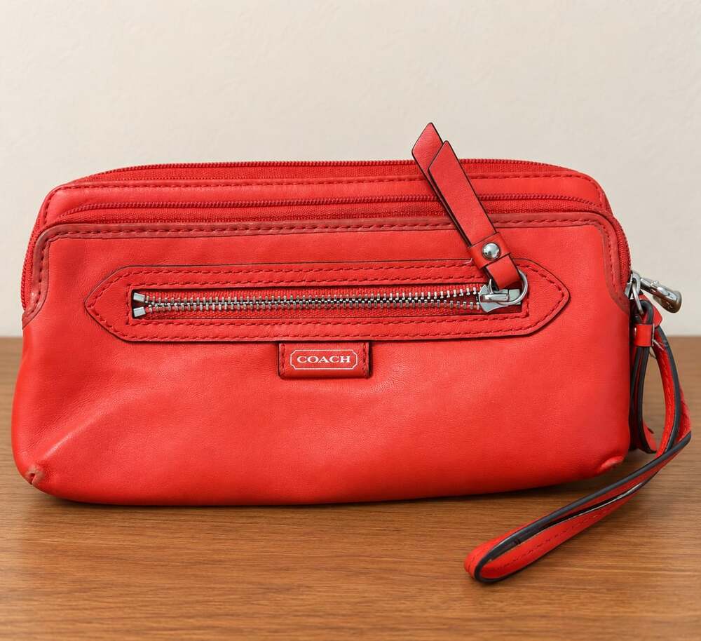 Coach Red Leather Double Zip Around Wristlet Wallet